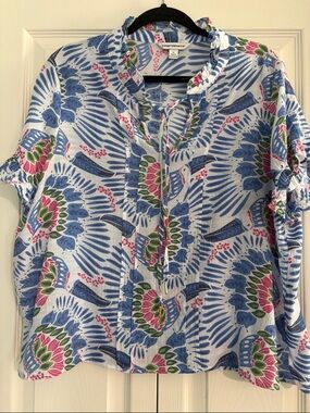 Counterparts Blue Floral & Bird Tie-Neck Top